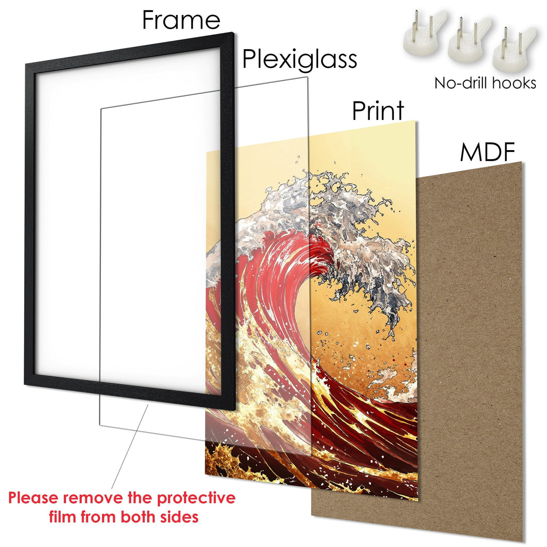 Framed Poster featuring a vibrant wave design. Bold red, yellow, and gray color palette. Perfect wall art for your home!
