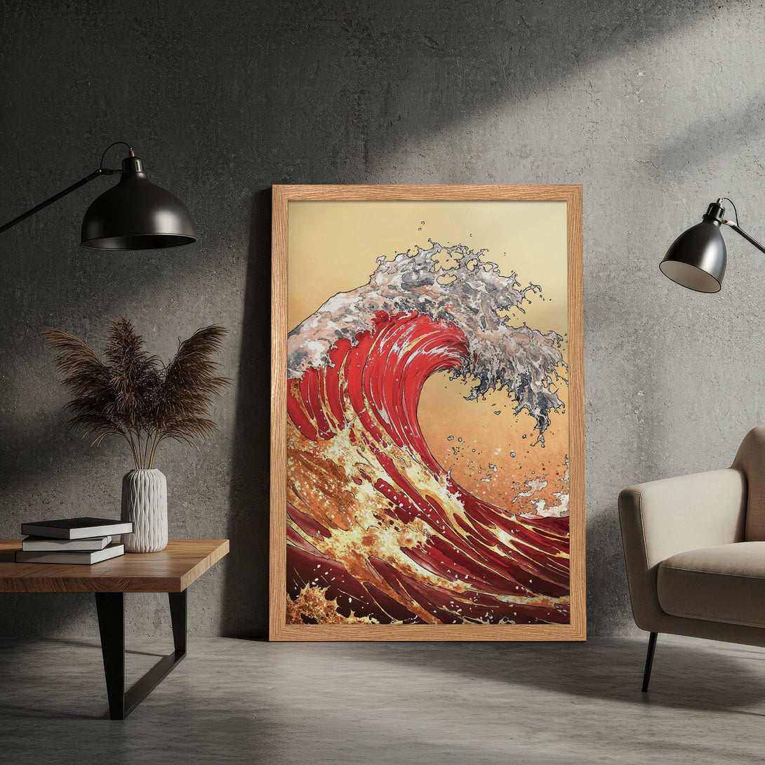 Framed Poster featuring a dynamic wave in red and gold tones, artistic style, perfect wall art.