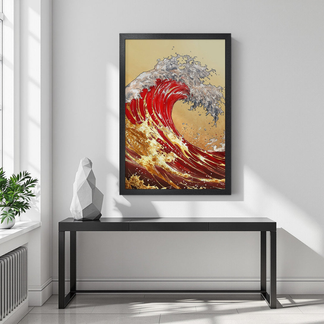 Framed Poster featuring a stylized wave in red, gold, and grey. A stunning art print to elevate any space!
