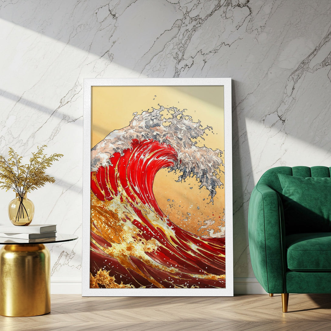 Framed Poster featuring a vibrant wave illustration in red, gold, and white. Perfect wall art for a modern home.