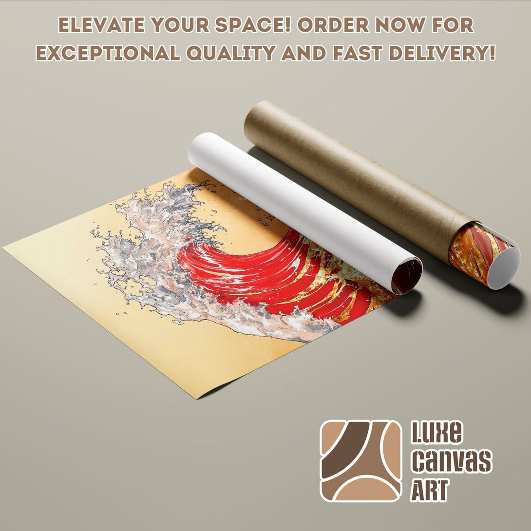 Poster Roll of a wave art print, featuring red, gold, and gray tones. Elevate your space!