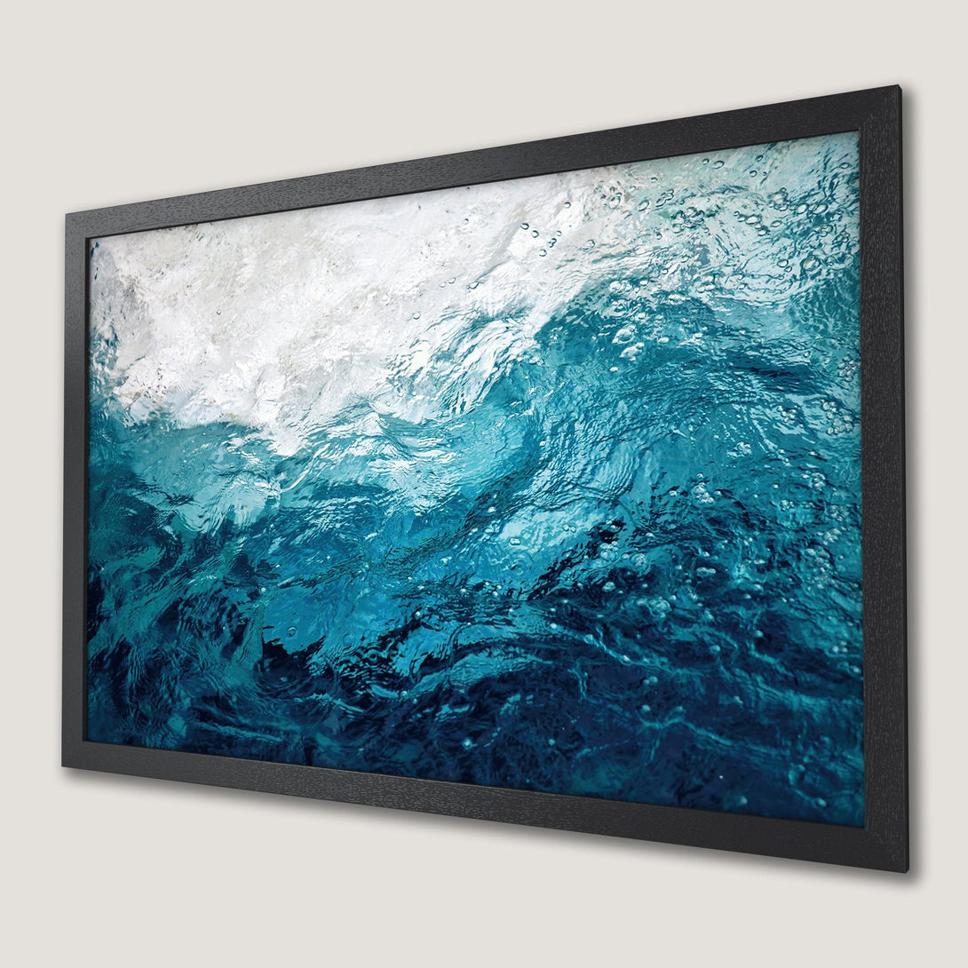 Framed Poster of ocean water abstract art in blue and white. Perfect for coastal decor.