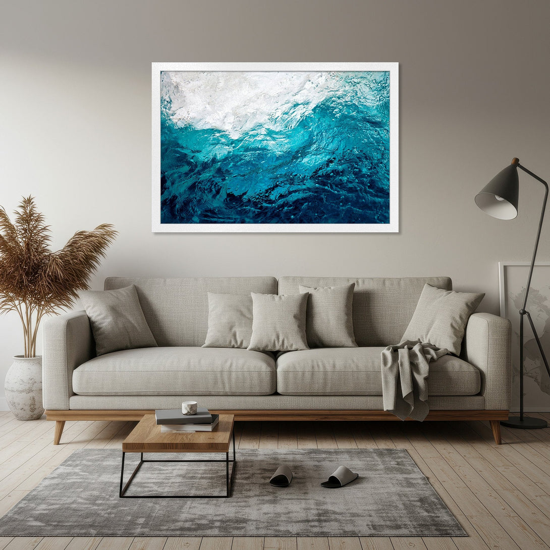 Framed Poster of abstract ocean waves in blue and white. Modern art print for home decor.
