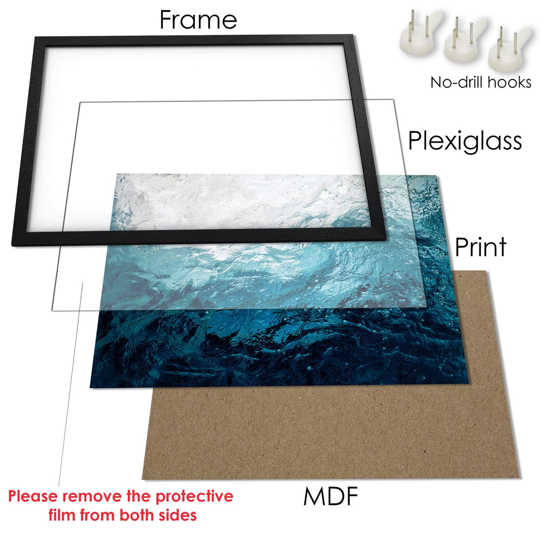 Framed Poster featuring a serene ocean scene in shades of blue and white, perfect for coastal decor.