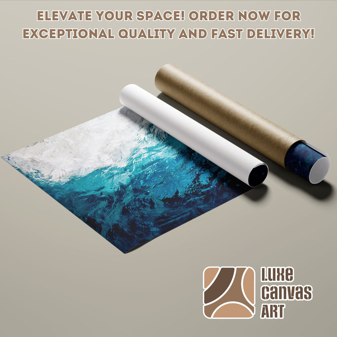 Ocean wave art poster roll. Modern abstract style with blue and white color palette. Elevate your space today!