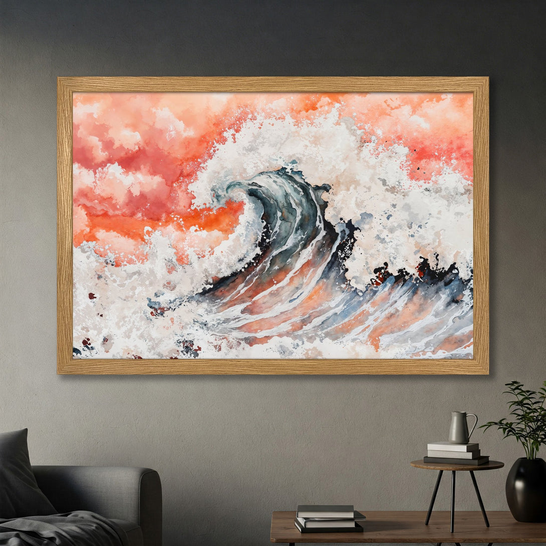 Framed Poster of a watercolor wave art print. Featuring a vibrant orange, white, and blue color palette, perfect for coastal decor.