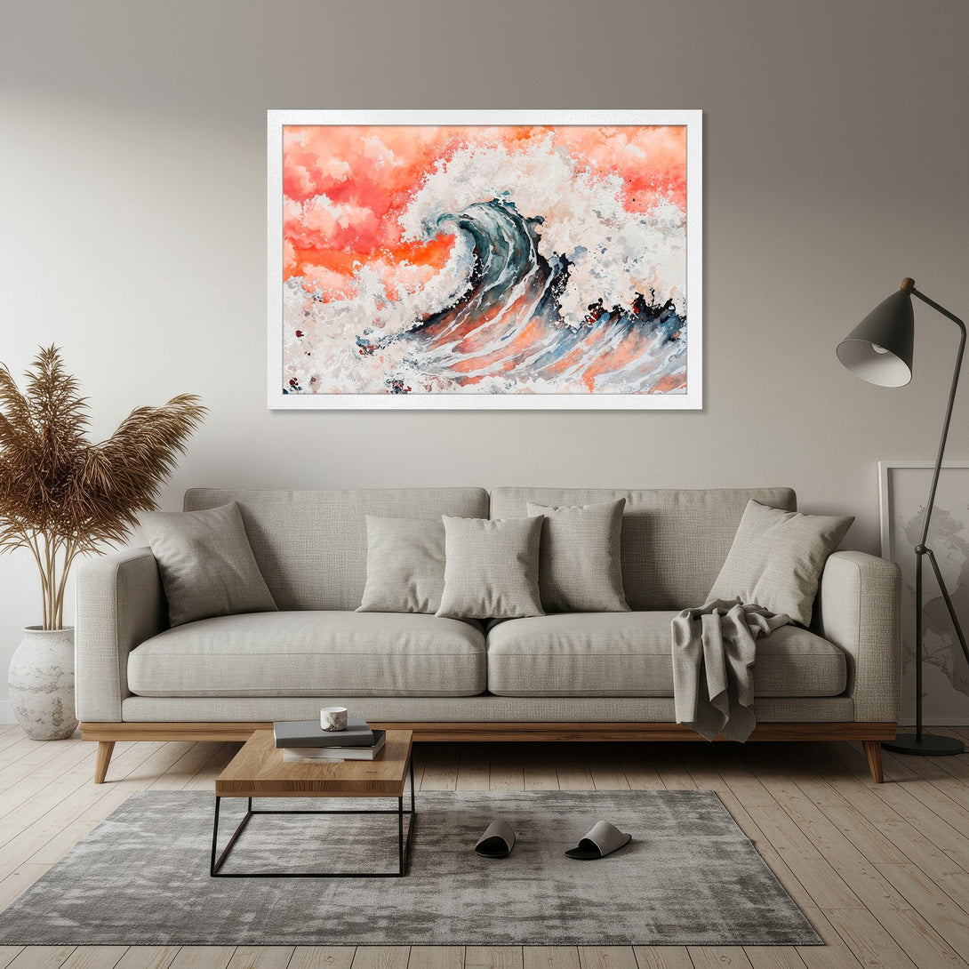 Framed Poster featuring an abstract wave in orange, blue, and white. Modern art style, perfect for coastal decor.