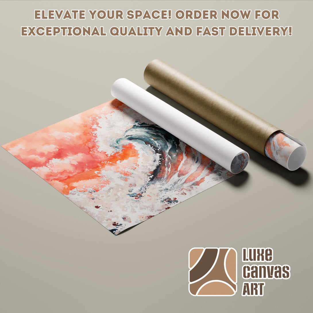 Abstract wave art Poster Roll in warm orange and blue tones. Elevate your space!