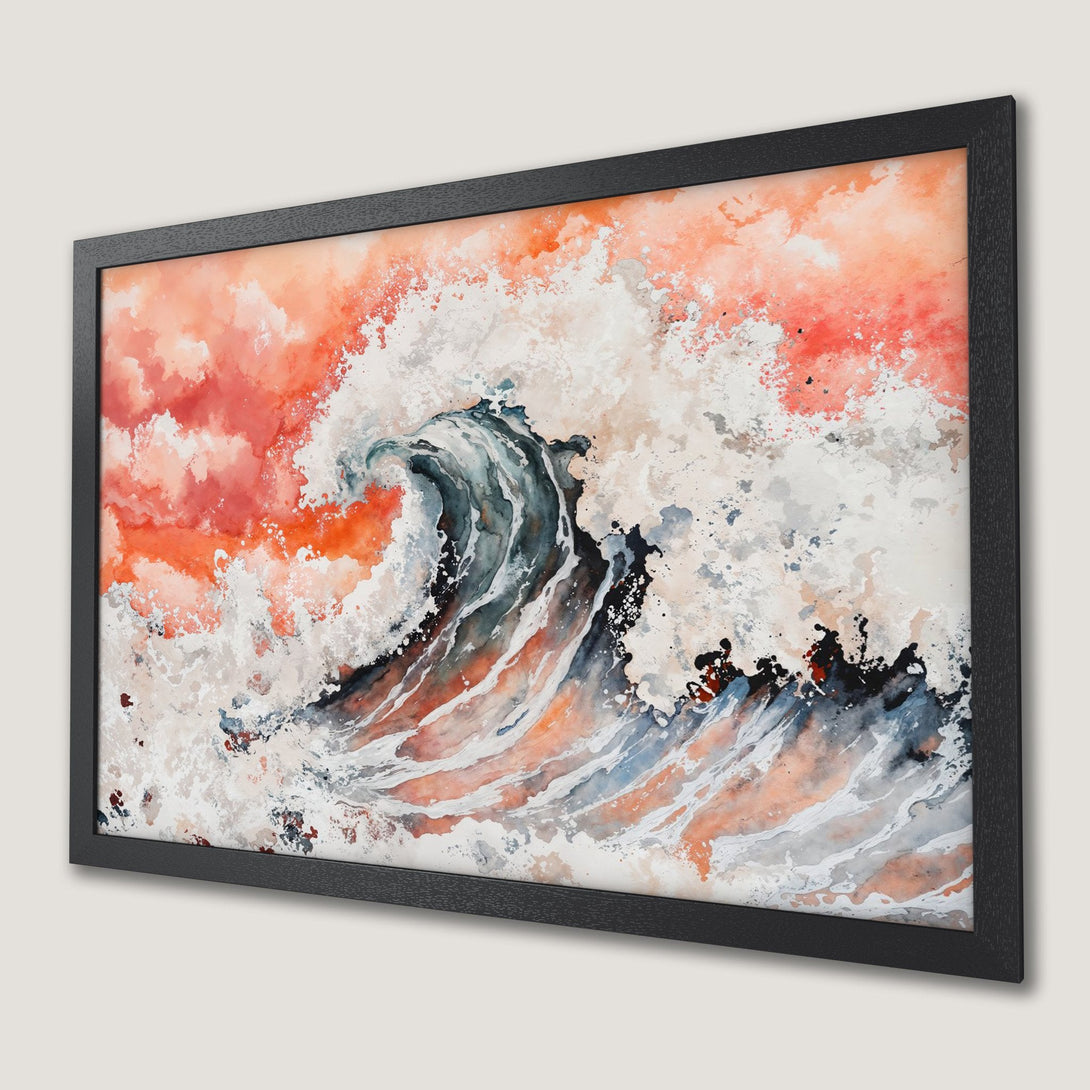Framed Poster featuring a watercolor wave art print in orange, blue, and white. Perfect ocean-themed wall decor.