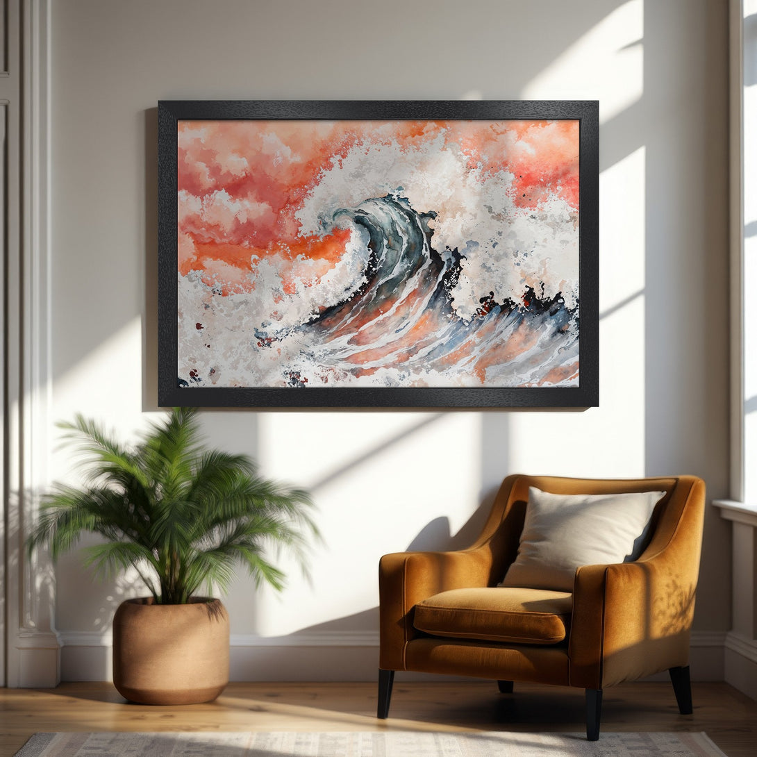 Framed Poster of a watercolor wave, vibrant orange and blue hues. Modern art print for your home.