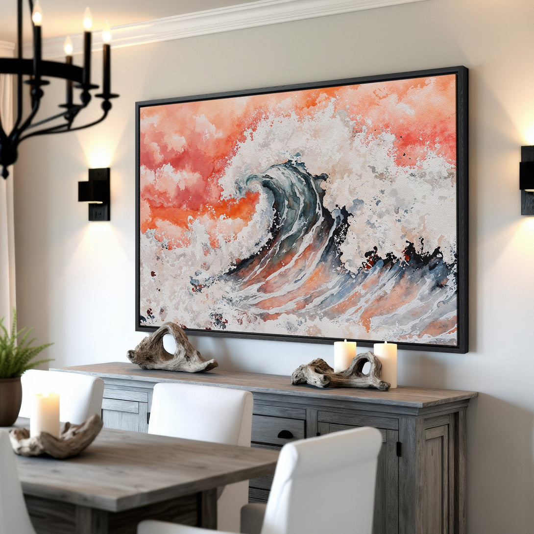 Framed Wall Art of a watercolor wave in orange, blue, and white. Coastal-inspired art perfect for your dining room decor.