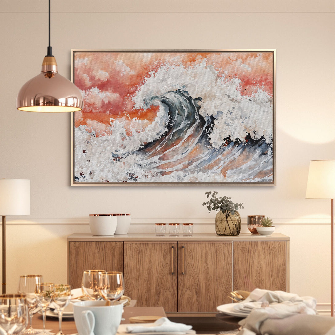 Framed Wall Art of an abstract wave in watercolor style. Earthy tones of orange, gray, and white. Perfect for coastal decor.