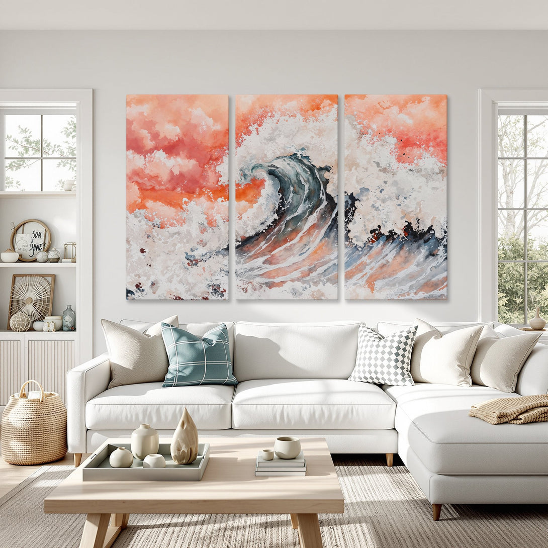 Canvas Print of an abstract wave in warm orange and blue hues. Modern art for living room decor.