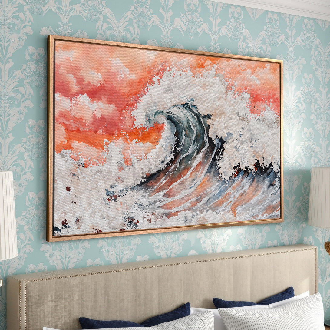 Framed Wall Art featuring a watercolor wave in orange, gray, and white. Coastal-inspired Canvas Print adds a modern touch to any room.