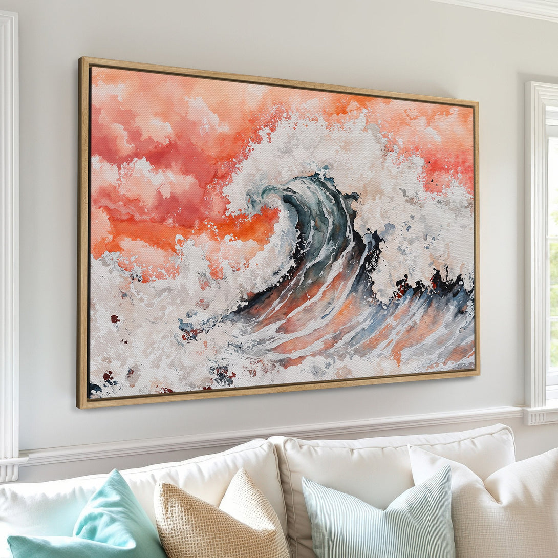 Framed Wall Art of a watercolor wave in orange, gray, and white hues. Add coastal vibes to your home with this stunning Canvas Print.