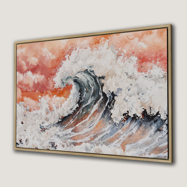 Framed Wall Art: Watercolor wave crashing. Coastal style with orange, gray, and white hues. Add coastal vibes to your home with this Canvas Print.