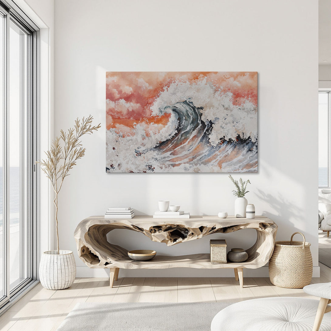 Framed Wall Art: Abstract wave painting in a modern interior. Features a warm color palette of orange, gray, and blue. Perfect for coastal decor.