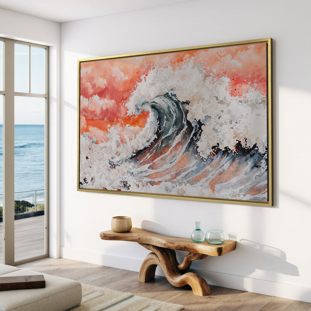 Canvas Print of a dramatic ocean wave in a modern interior. Features a watercolor style with a warm orange, gray, and white palette.