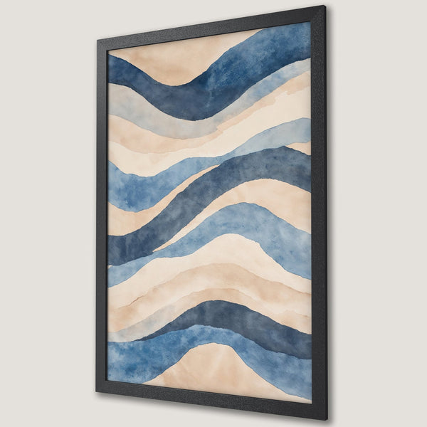 Framed Poster featuring watercolor abstract waves in blue and beige tones. Modern art print for home decor.