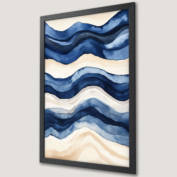 Framed Poster featuring abstract watercolor waves in blue and beige tones. Modern art print for stylish home decor.