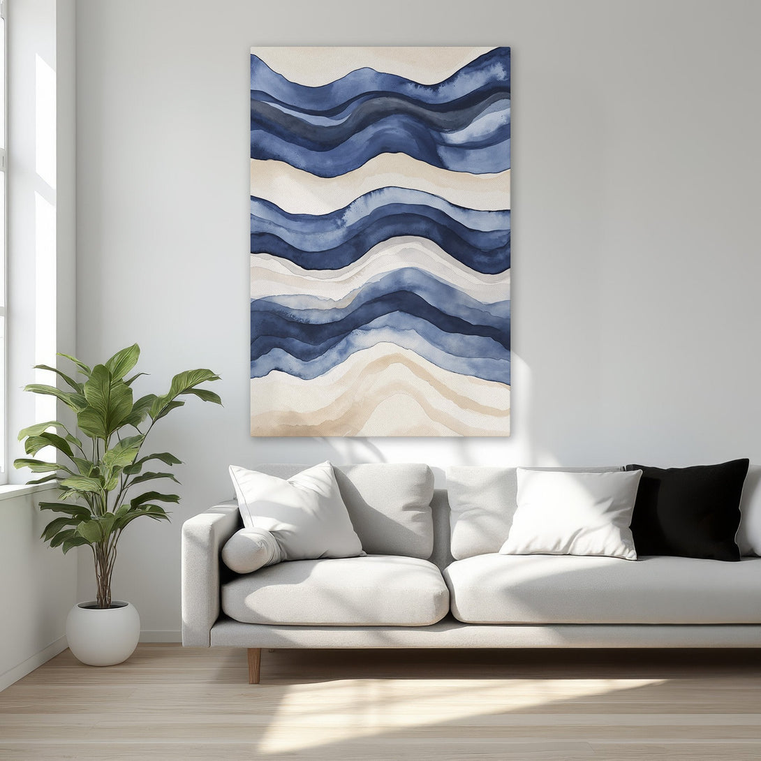 Framed Wall Art: Abstract blue wave art canvas print. Modern decor with a calming blue and neutral color palette. Perfect for bedroom or living room.