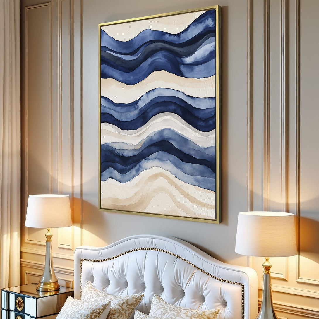 Abstract Canvas Print art in blue and beige tones, displayed in a modern living room. Enhance your space with this calming wall decor.