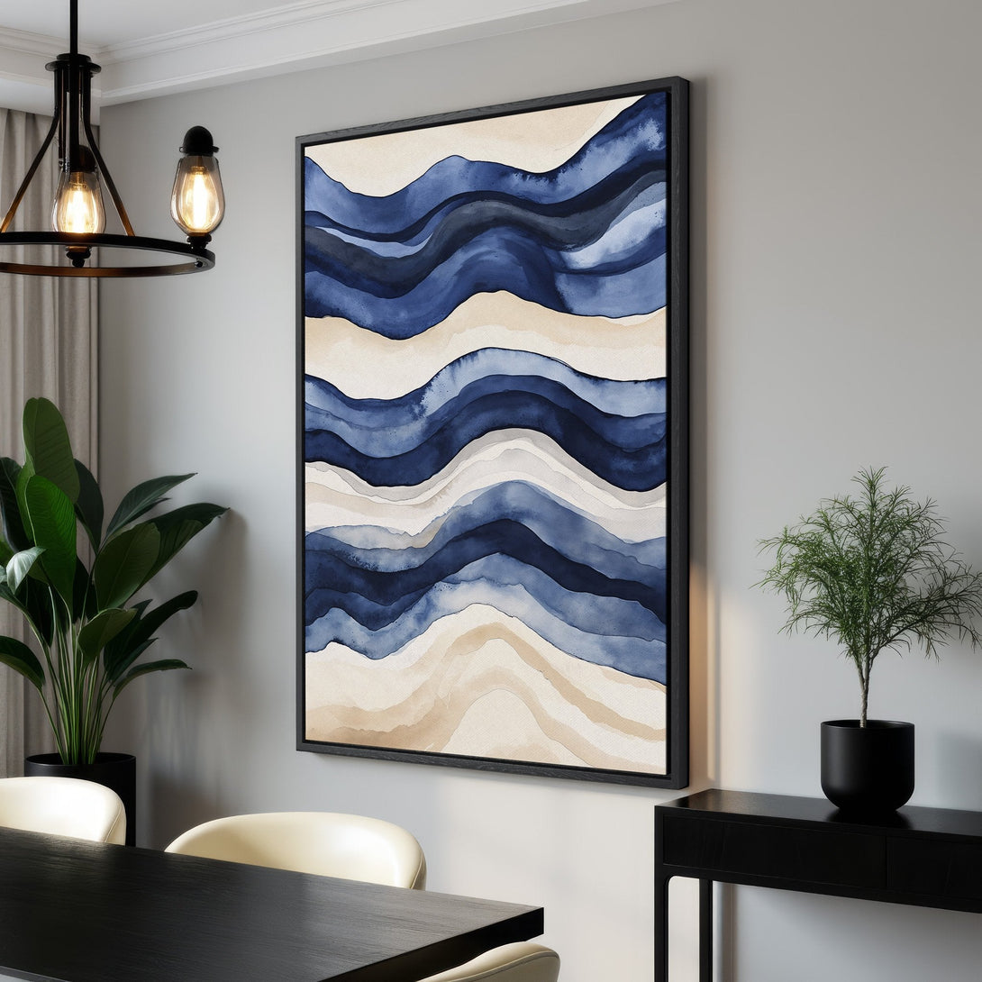 Framed Wall Art featuring a watercolor abstract wave design in blue and beige tones, perfect for modern home decor.