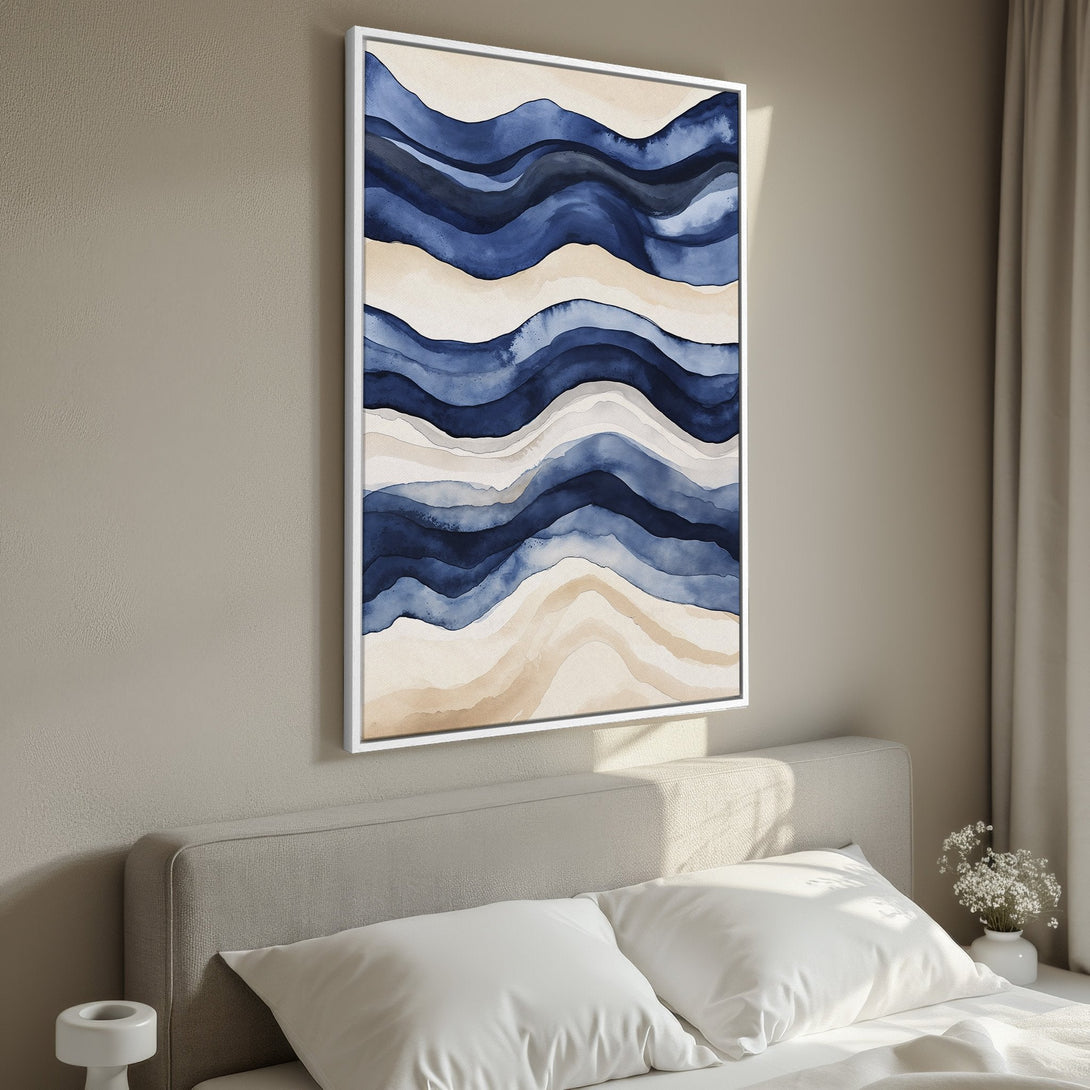 Framed Wall Art featuring a watercolor wave design in blue and beige tones. Perfect for adding a touch of coastal elegance to your bedroom decor.