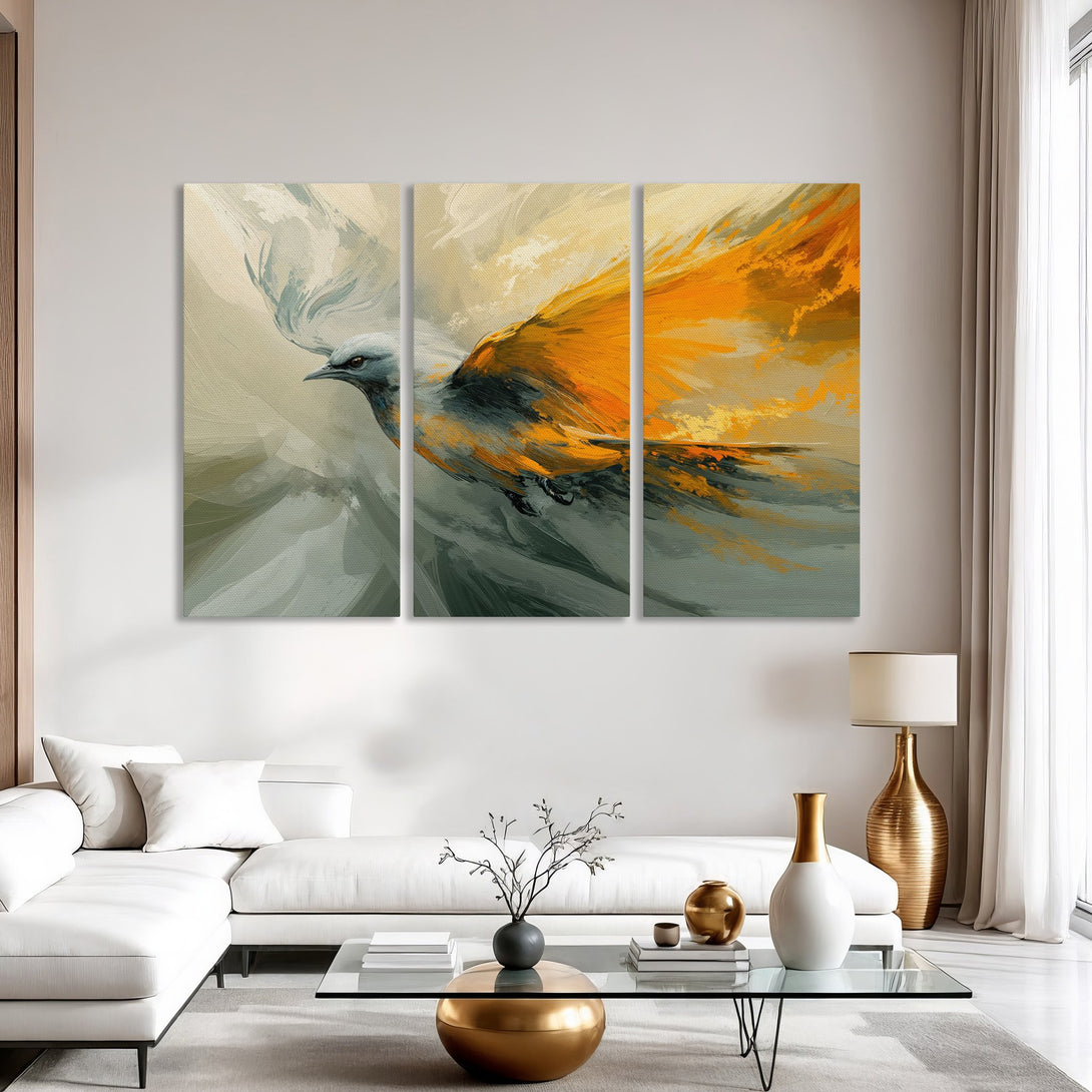 Abstract Canvas Print of a bird in flight, featuring a warm orange and gray color palette. Modern art for your home decor.