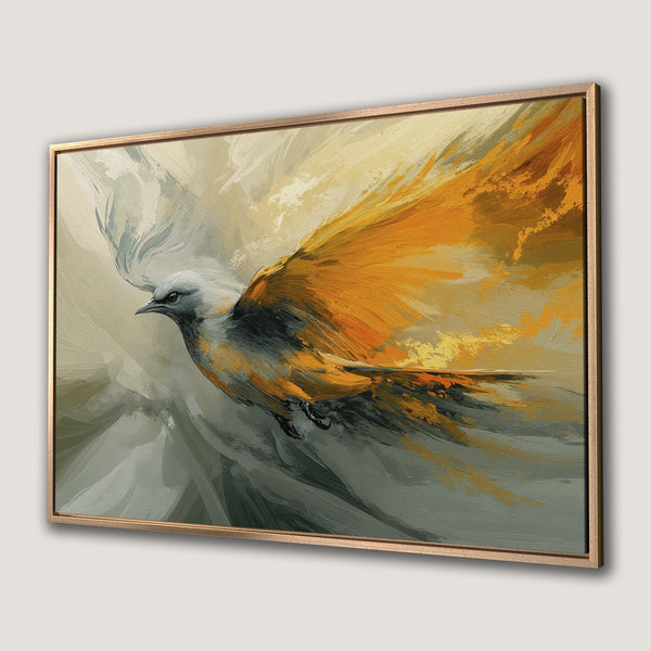 Framed Wall Art: Abstract bird painting with warm orange, gray, and gold tones. Modern art Canvas Print for your home decor.