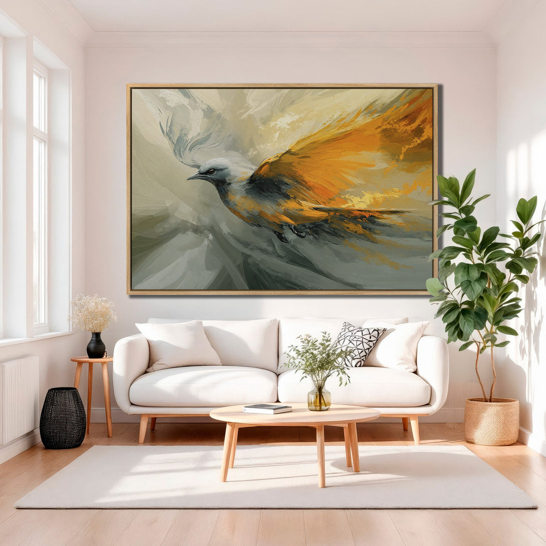 Framed Wall Art of a bird in flight, abstract style, warm orange and gray palette. Perfect for modern living room decor.