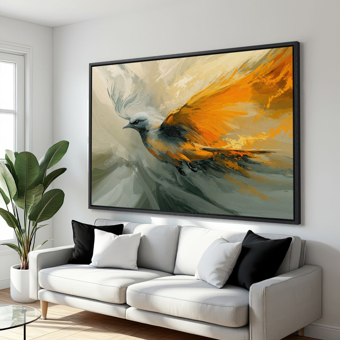 Framed Wall Art: Abstract bird painting in warm orange and gray tones. Modern canvas print adds a pop of color to any living room.