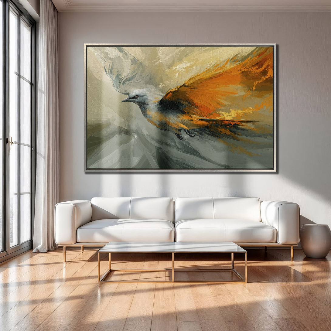 Framed Wall Art: Abstract bird painting with orange and gray hues, displayed in a modern living room. Elevate your space with stunning canvas art!
