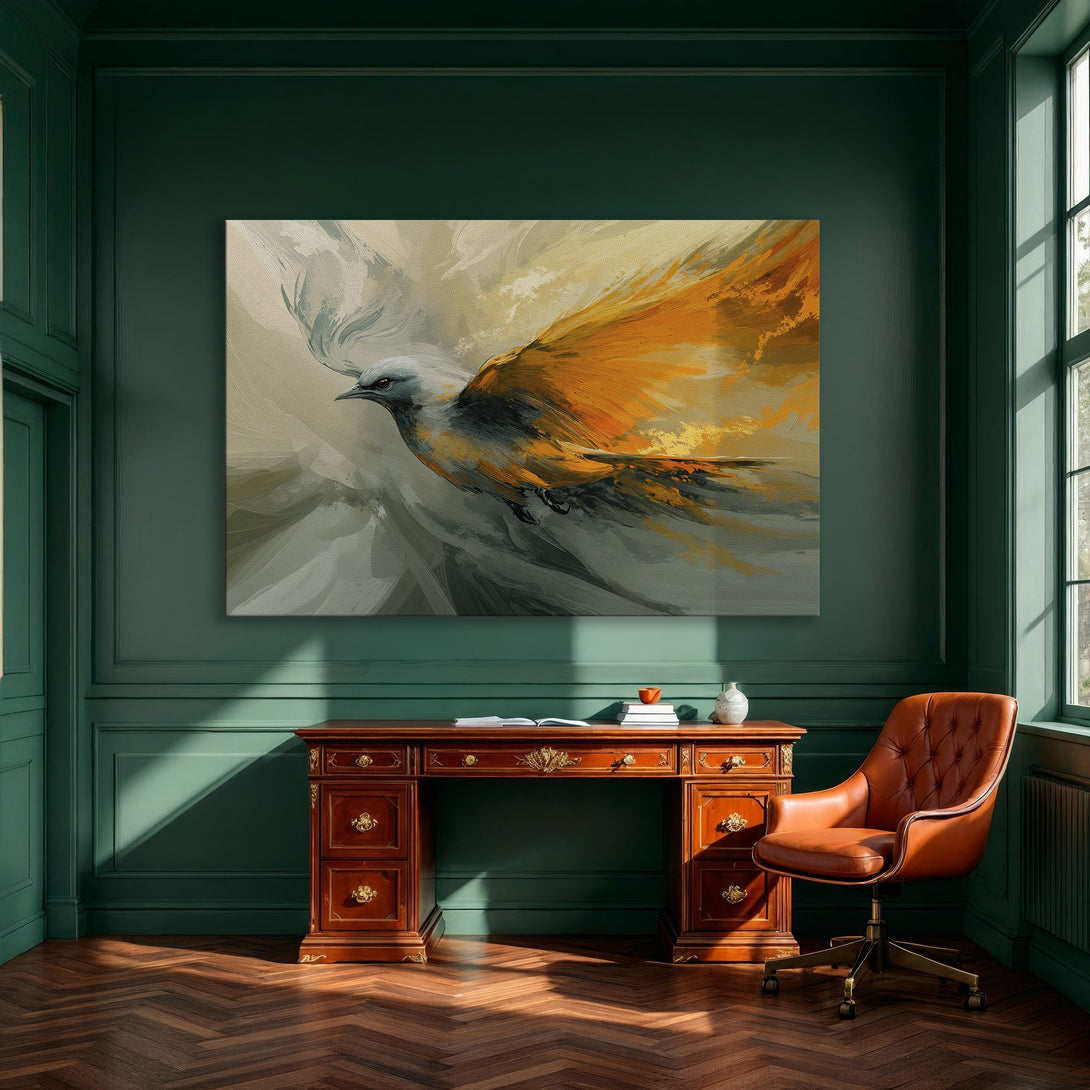 Framed Wall Art: Abstract bird painting with orange and gray hues. Modern canvas print decor for dining room.