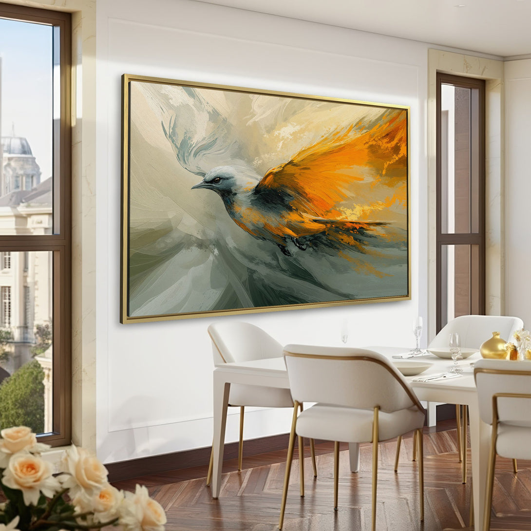 Canvas Print of a bird in flight, abstract style with orange and grey tones. Perfect for modern home decor.