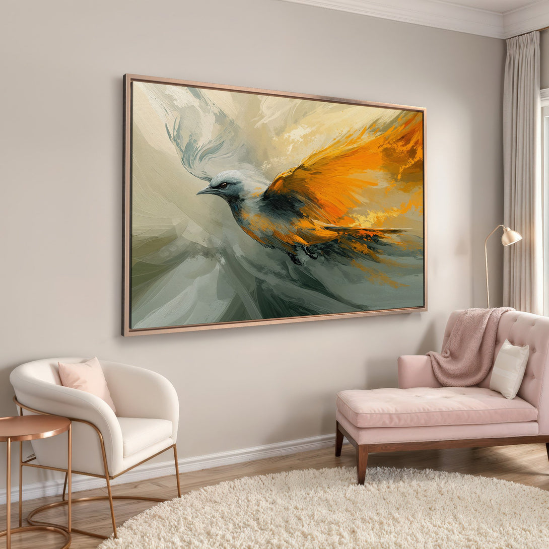Framed Wall Art of a bird in flight, abstract style with orange, gray, and beige tones. Modern art decor for your home.