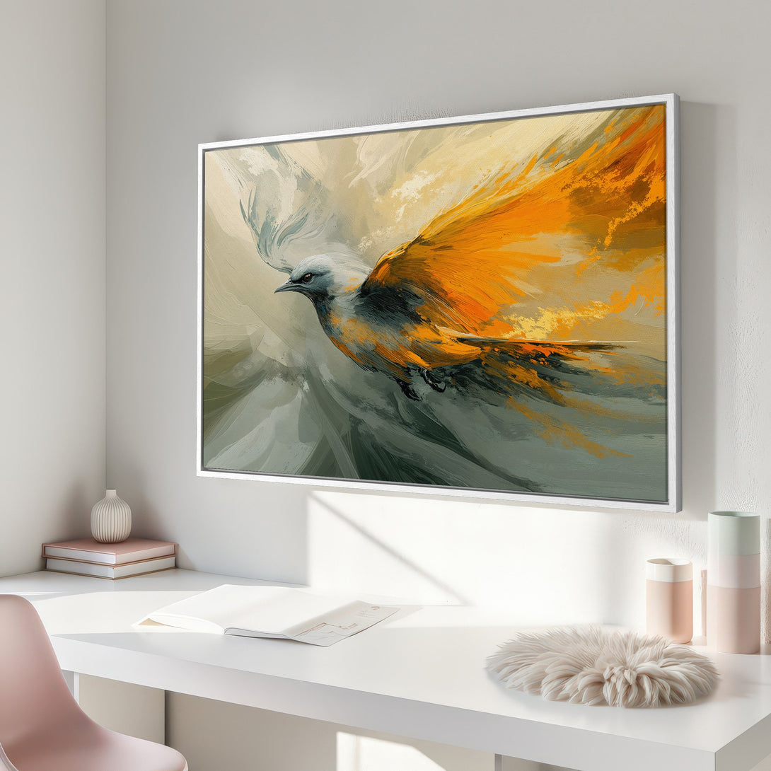 Framed Wall Art: Abstract bird painting with a warm orange and gray palette. Modern art canvas print perfect for home decor.