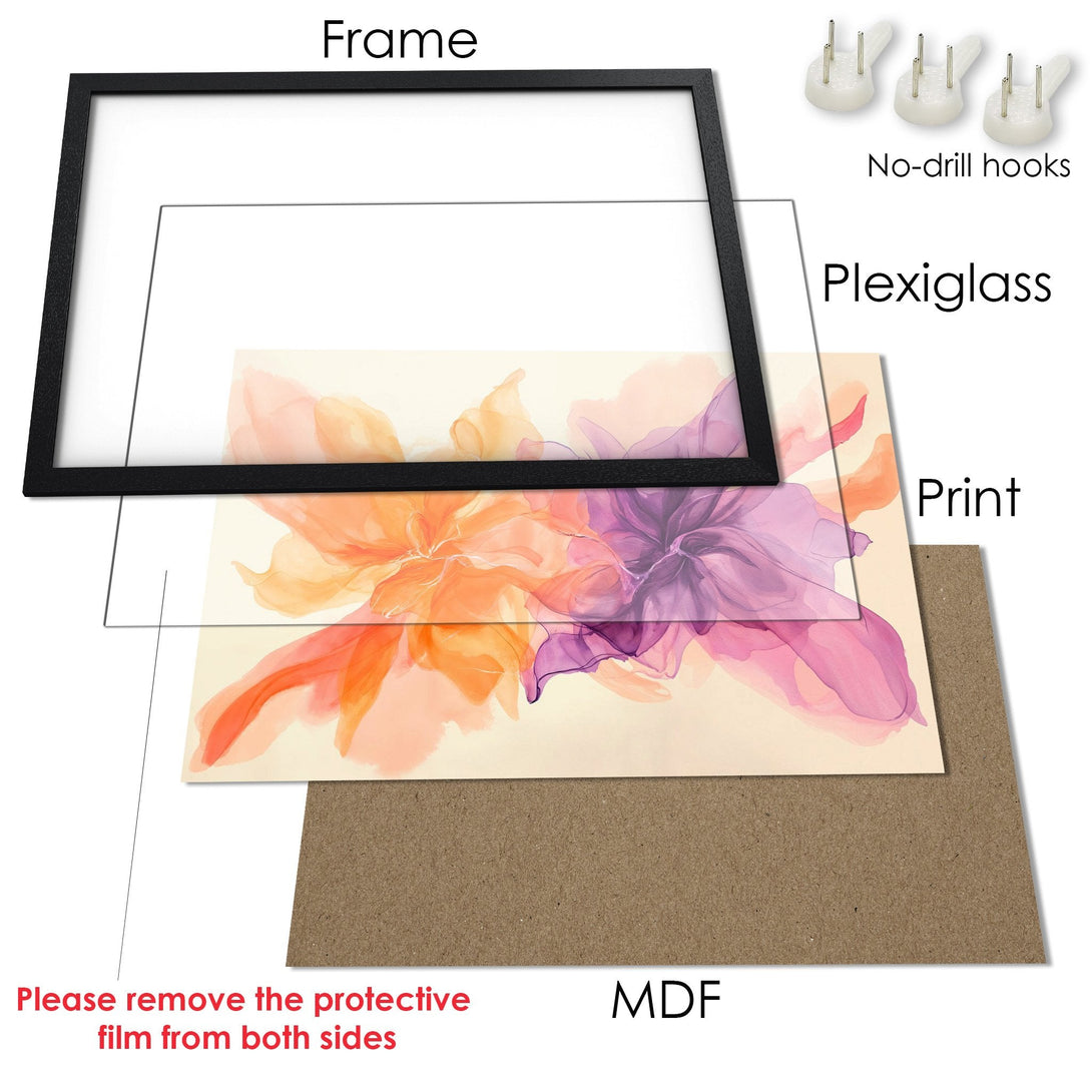 Framed Poster featuring abstract floral art in watercolor style with a warm, vibrant color palette. Perfect wall decor!