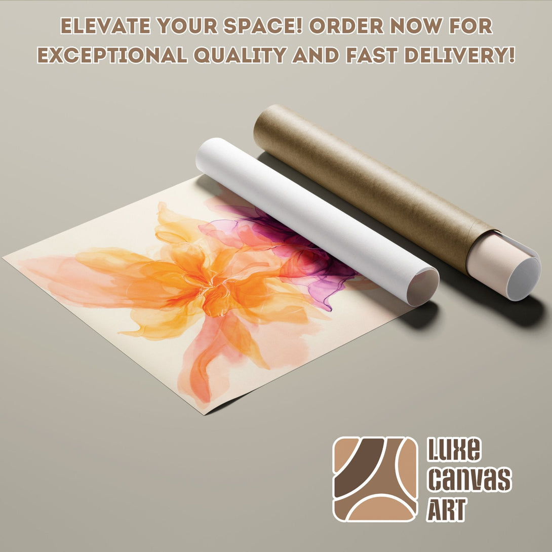 Abstract floral Poster Roll art in warm orange and purple tones. Elevate your space!