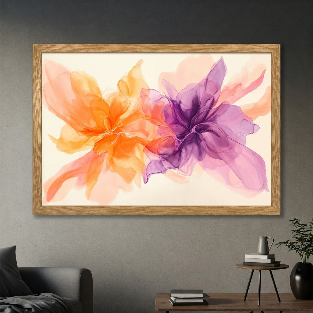 Framed Poster featuring abstract floral art in vibrant orange, pink, and purple hues. Modern style, perfect for home decor.