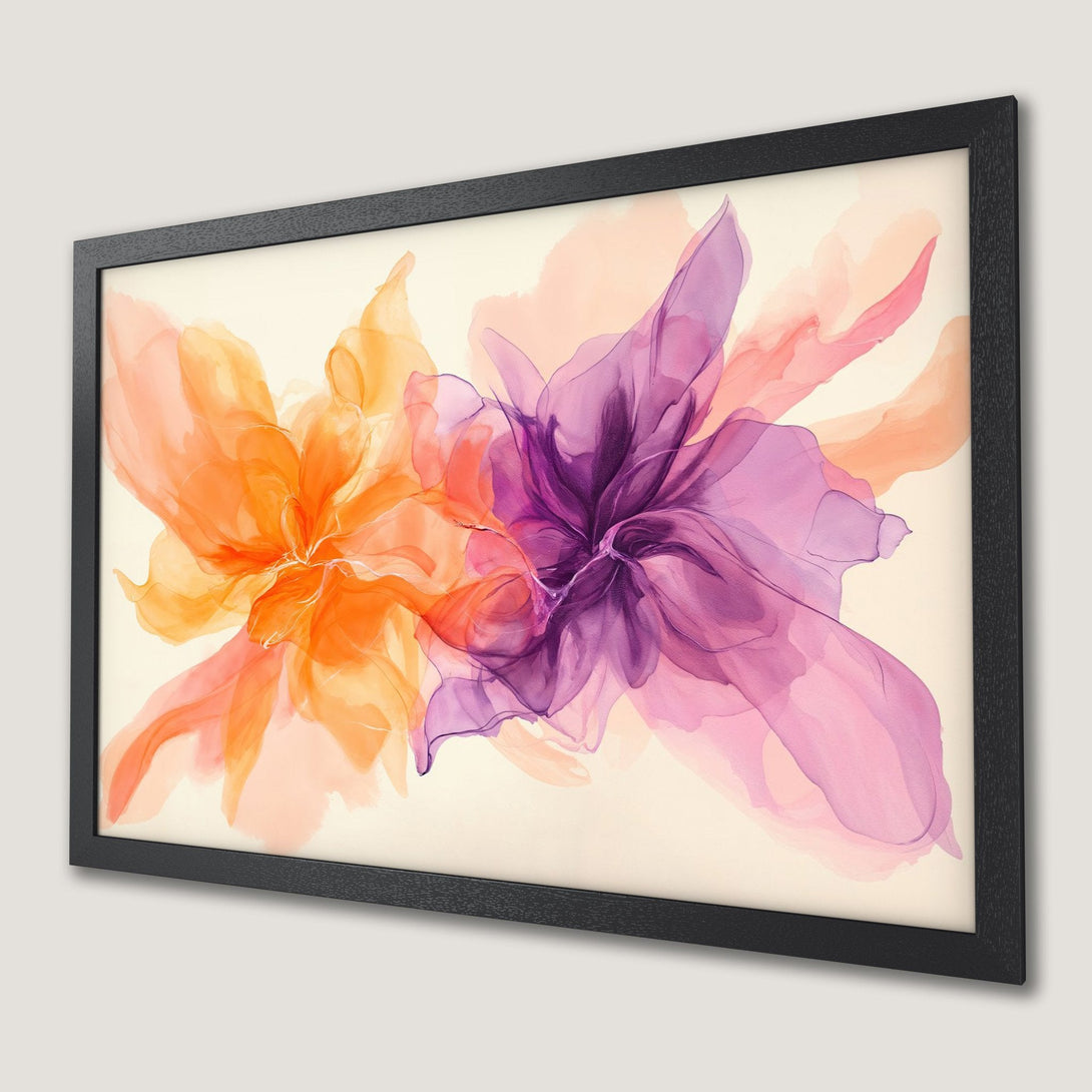 Framed Poster featuring abstract floral art in orange, purple, and pink watercolor style. Add a touch of elegance to your space!