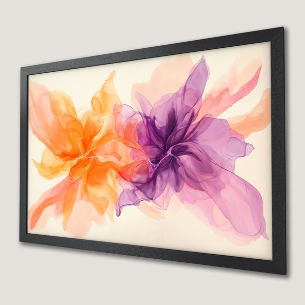 Framed Poster featuring abstract floral art in orange, purple, and pink watercolor style. Add a touch of elegance to your space!