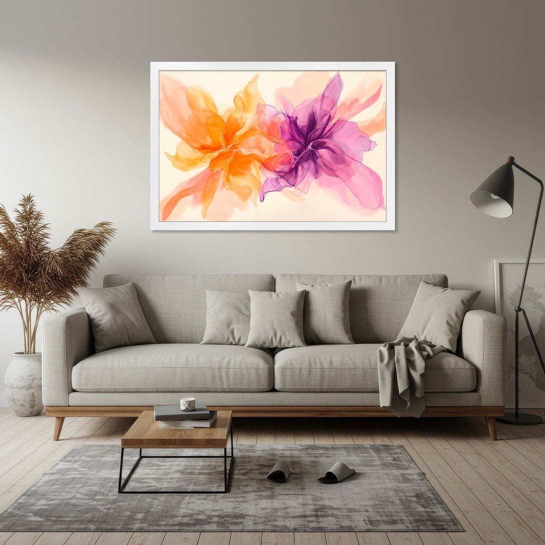 Framed Poster featuring abstract floral art in vibrant orange and purple hues. Modern art print for home decor.