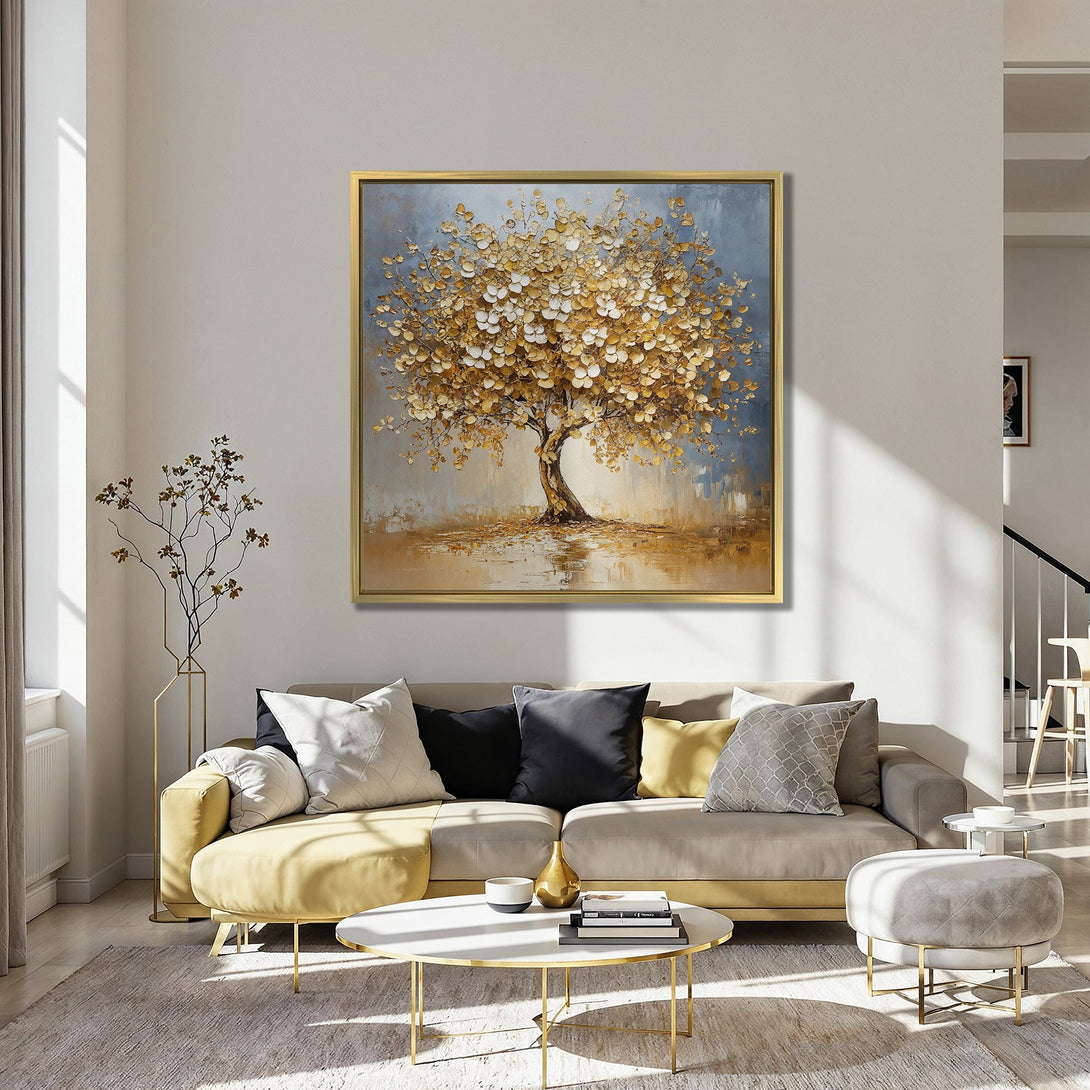 Canvas Print of a golden tree painting in a modern interior. Features warm gold and brown tones, creating a cozy and elegant atmosphere.