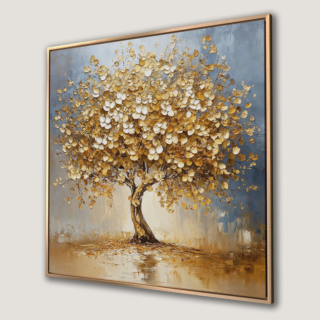 Framed Wall Art: Stunning textured tree art in gold and blue hues. Add elegance to your home with this beautiful canvas print. Shop now!