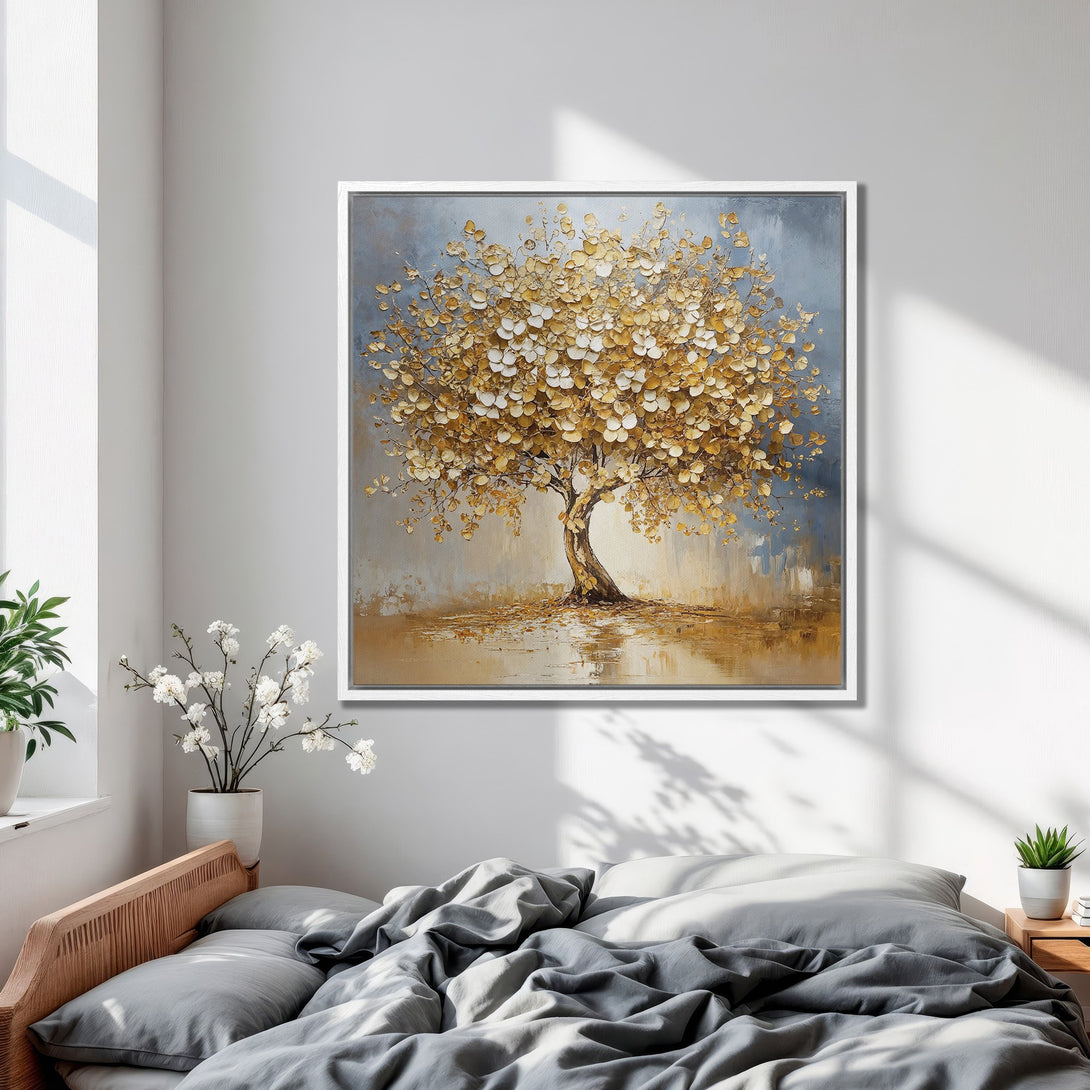 Framed Wall Art: Golden tree painting in a bedroom. Modern abstract style with a warm, neutral color palette. Perfect for adding a touch of elegance.