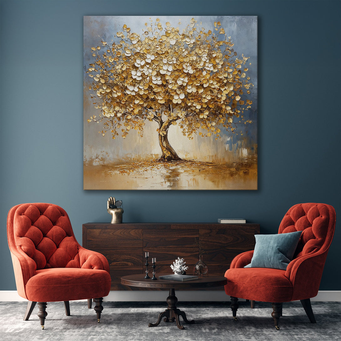 Framed Wall Art: Abstract tree painting in gold and blue tones. Modern art canvas print adds elegance to any living room decor.