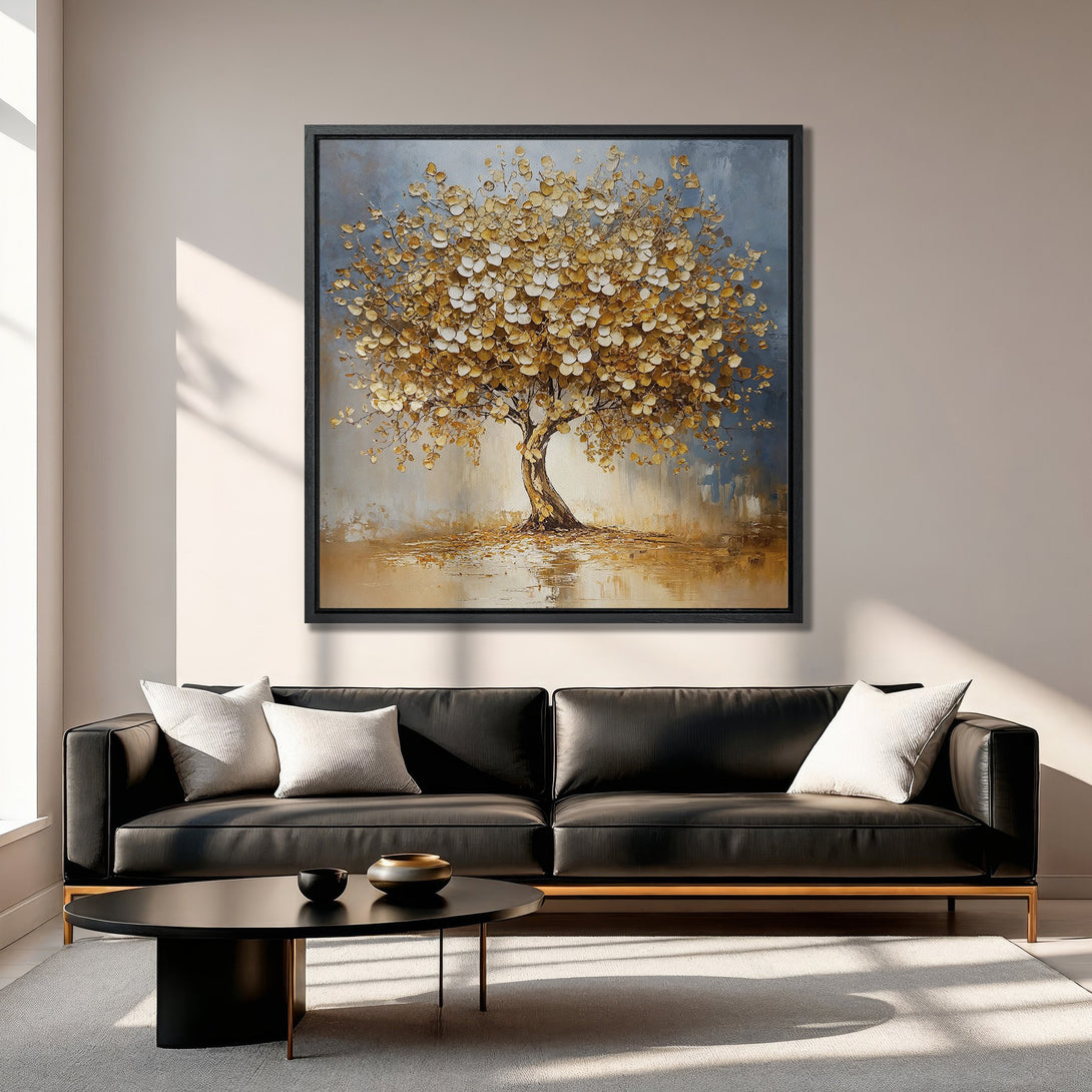 Framed Wall Art: Abstract gold tree painting in a living room. Warm, neutral color palette with pops of gold and blue. Enhance your home decor!