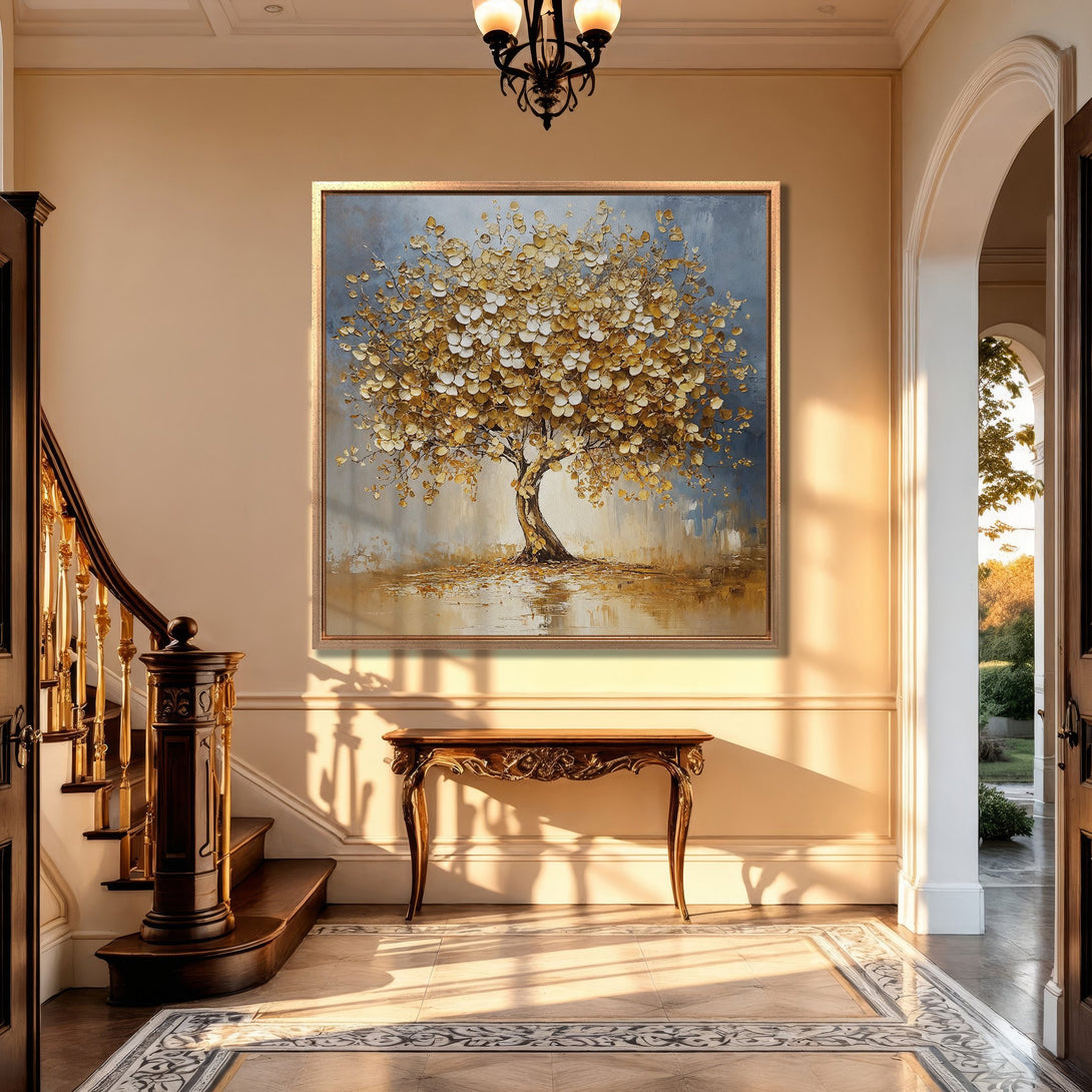 Framed Wall Art: Golden tree painting in a luxurious interior. Warm, neutral color palette with gold accents. Perfect for adding elegance to your home.