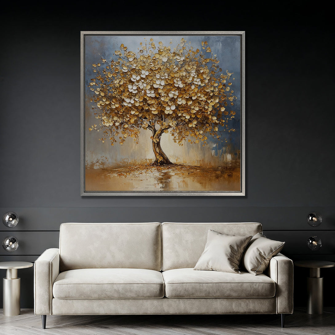 Framed Wall Art: Abstract tree painting in gold and blue tones. Modern canvas print adds a touch of elegance to any interior. Enhance your home decor.